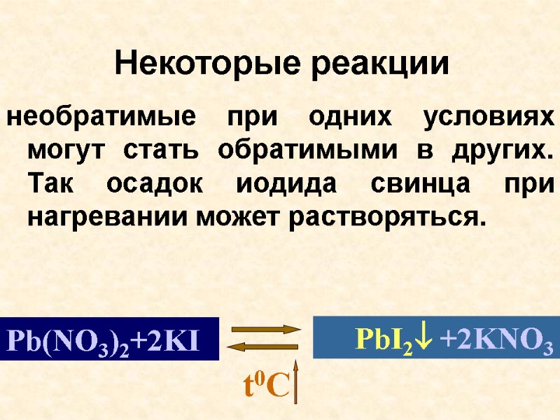 Некоторые реакции необратимые при одних условиях могут стать обратимыми в других. Так осадок иодида